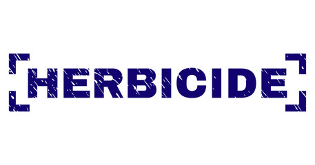 HERBICIDE caption seal imprint with grunge texture. Text tag is placed between corners. Blue vector rubber print of HERBICIDE with grunge texture.
