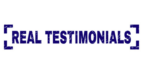REAL TESTIMONIALS title seal print with grunge style. Text title is placed inside corners. Blue vector rubber print of REAL TESTIMONIALS with grunge texture.