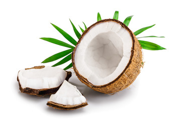 half of coconut with leaves isolated on white background