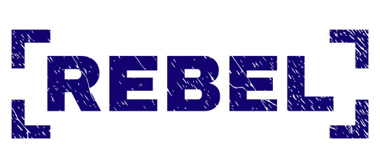 REBEL caption seal watermark with grunge texture. Text caption is placed between corners. Blue vector rubber print of REBEL with dust texture.