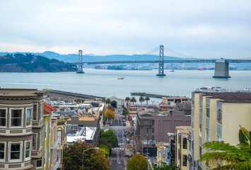 Classic panoramic view of famous Oakland Bay Bridge, California, USA