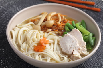 Chicken and udon noodle soup with Shimeji mushrooms