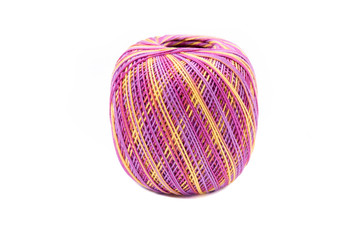 Ball of yarn. Thread for crochet and  knitting works. Colorful - yellow, orange, purple yarn ball.  For handwork, leisure, hobby concept. Isolated on white background. Side view.