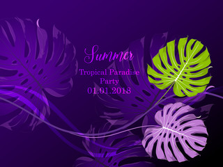 Fototapeta na wymiar Luxurious abstract floral pattern with tropical monstera leaves in purple color.