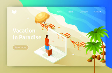 Travel, great design for any purposes. Tropical beach, lounge chair. Isometric vector illustration. Summer holiday. Sand sea ocean. Business vector illustration.