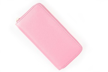 Pink women's bag. wallet close-up on a white background. Great for finance, economics, business and e-commerce concepts.