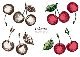 Set of red cherries with leaves. Hand drawn vector illustration. Isolated elements for design. - 247240803