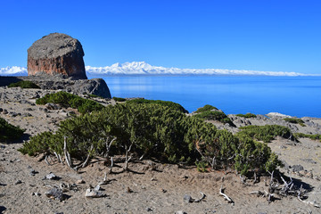 Tibet, holy lake Nam-Tso (Nam Tso) in summer, 4718 meters above sea level. Geoglyph - the ears of...