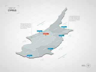 Isometric  3D Cyprus map. Stylized vector map illustration with cities, borders, capital, administrative divisions and pointer marks; gradient background with grid.