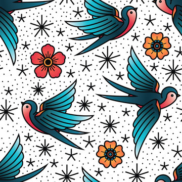 Oldschool Traditional Tattoo Vector Birds and Flowers Pattern