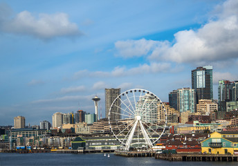 Seattle waterfront and skyline, with the Space Needle showing