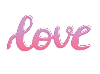 Love word hand drawn lettering with outline, brush calligraphy imitation, text design for banner, pink colored sign isolated without background, vector