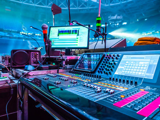 Sound console. Mixer. Show Business. Equipment for recording sound. Musical equipment. Concert...