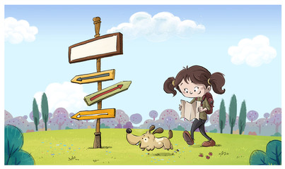 niña exploradora en el campo con señal © cirodelia