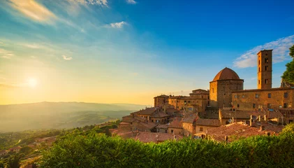 Fotobehang De scheve toren Tuscany, Volterra town skyline, church and panorama view on sunset. Italy