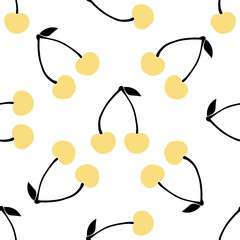 Seamless pattern with double cherry and leaf on white background.