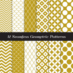 Gold White Retro Geometric Vector Patterns. Elegant Neutral Color Mod Backgrounds in Jumbo Polka Dot, Diamond Lattice, Scallops, Quatrefoil and Chevron. Repeating Pattern Tile Swatches Included.