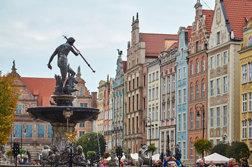 Neptune's fountain in the center of Gdansk, Poland