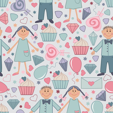 Hand drawn vector seamless pattern with children, cupcakes, lollipops, diamonds and balloons