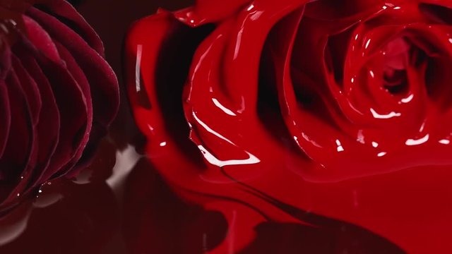 Red paint lipstick liquid texture, oil paint for painting, mixing shades, art make up cosmetic for face rose flower blossom.