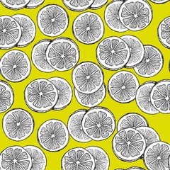 Seamless pattern with lemon slices. Hand drawn vector on lemon yellow background.