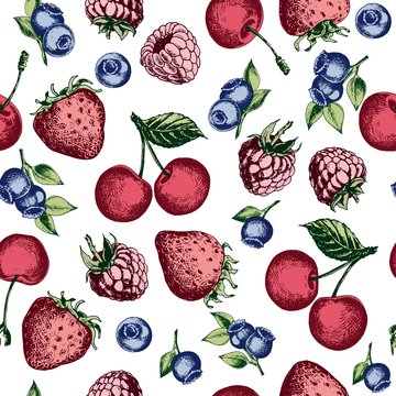 Seamless pattern with strawberries, raspberries, blueberries and cherries. Hand drawn vector on white background.