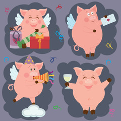 Vector illustration of small funny piggy in different poses for holidays. Almost all elements can be changed  