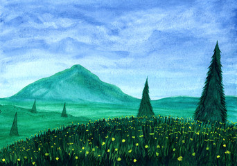 Spring landscape. Green trees and grass with flowers on meadow on background of mountain in watercolor