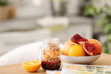 Healthy breakfast served on table at home. Fitness diet