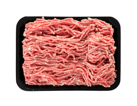 Plastic container with minced meat on white background, top view