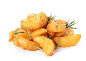 Baked potatoes with rosemary on white background