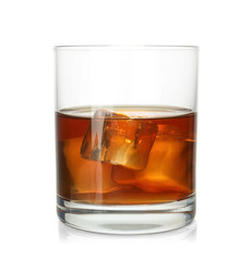 Glass of scotch whiskey on white background