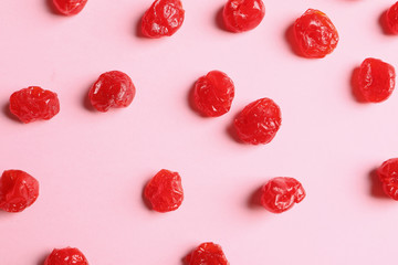 Flat lay composition of cherries on color background, closeup. Dried fruit as healthy snack