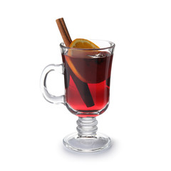 Glass cup of mulled wine isolated on white