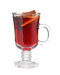 Glass cup of mulled wine isolated on white