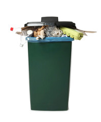 Trash bin with garbage on white background. Waste recycling