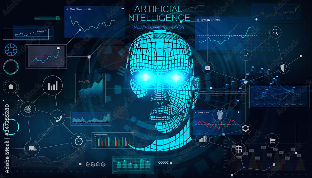 Poster Human Big data visualization. Futuristic Artificial intelligence concept. Cyber mind aesthetic design. Machine learning. Complex data threads in form of head side view and binary data