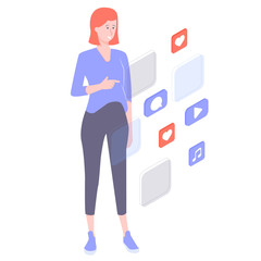 Young girl is immersed in Internet content. Social networks, media, marketing.