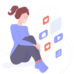 Cute girl is sitting. Immersed in the content of the Internet. Icons of likes, messages, videos and music. Social networks, media, marketing, education.