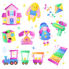 Kids toys vector cartoon style illustration. Multicolor cute toys for baby boy and girl. Gift shop design elements