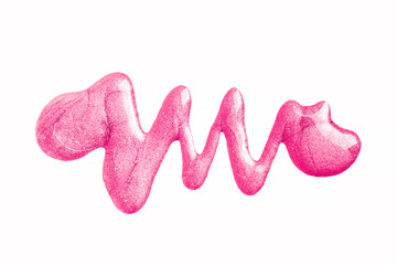 Pink glitter nail polish isolated on white background.