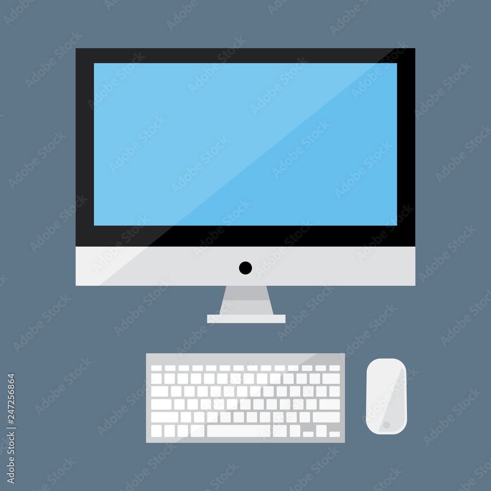 Fototapete realistic display concept, screen computer, keyboard & mouse icon, electronic devices flat design gr