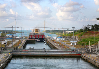 Panama Canal, Panama, January 30, 2019. The gate is locking after large ship went though