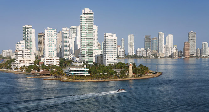 Cartagena, Columbia, January 2018. Sea view on Caribbean cost, skyline.