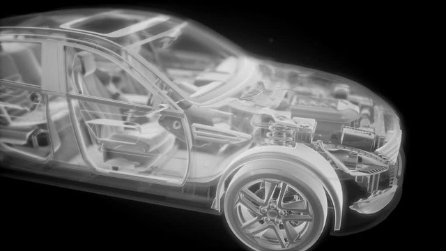 Holographic animation of 3D wireframe car model with engine and otter technical parts