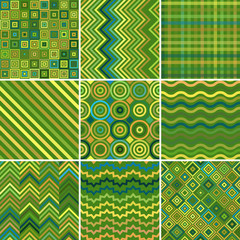 Set with nine green seamless abstract geometric pattern, vector illustration