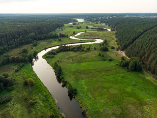 Aerial view over Merkys river valley, near Merkine town, Lithuania.