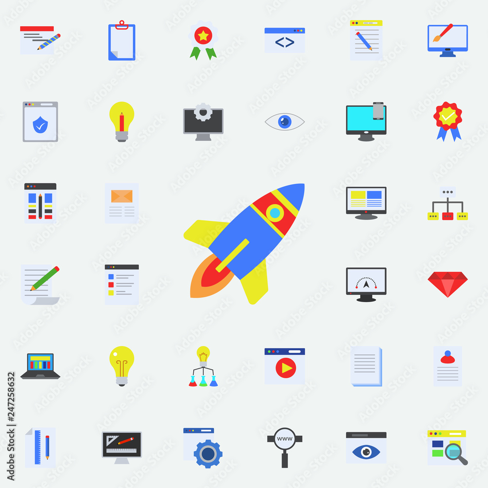 Poster rocket colored icon. programming sticker icons universal set for web and mobile