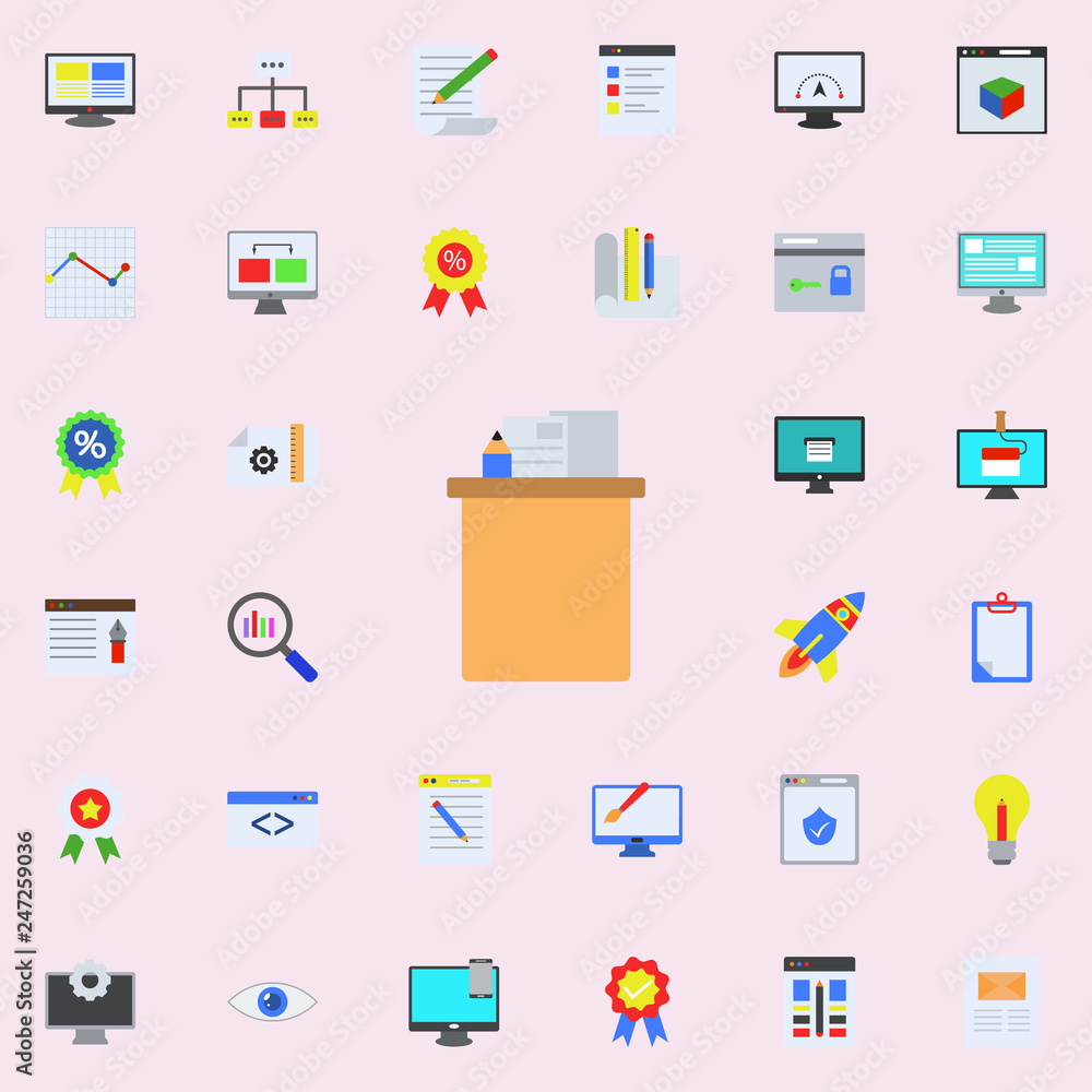Poster desktop pencil case colored icon. programming sticker icons universal set for web and mobile