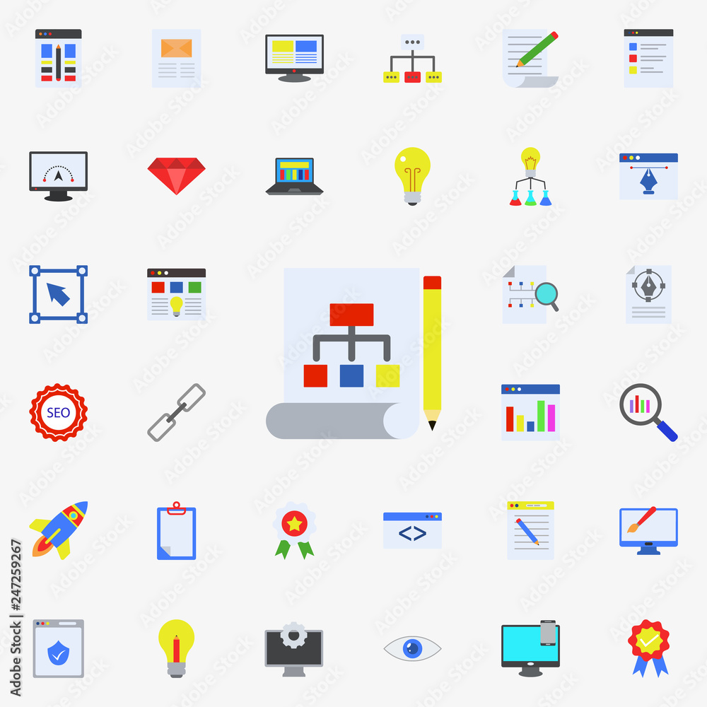 Poster management drawing colored icon. programming sticker icons universal set for web and mobile
